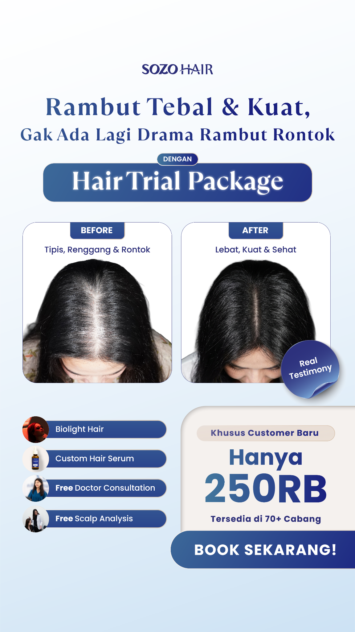 Sozo Skin Clinic Facebook ad: Rontok Makin Parah? Coba Hair Trial Package Cuma 250RB!