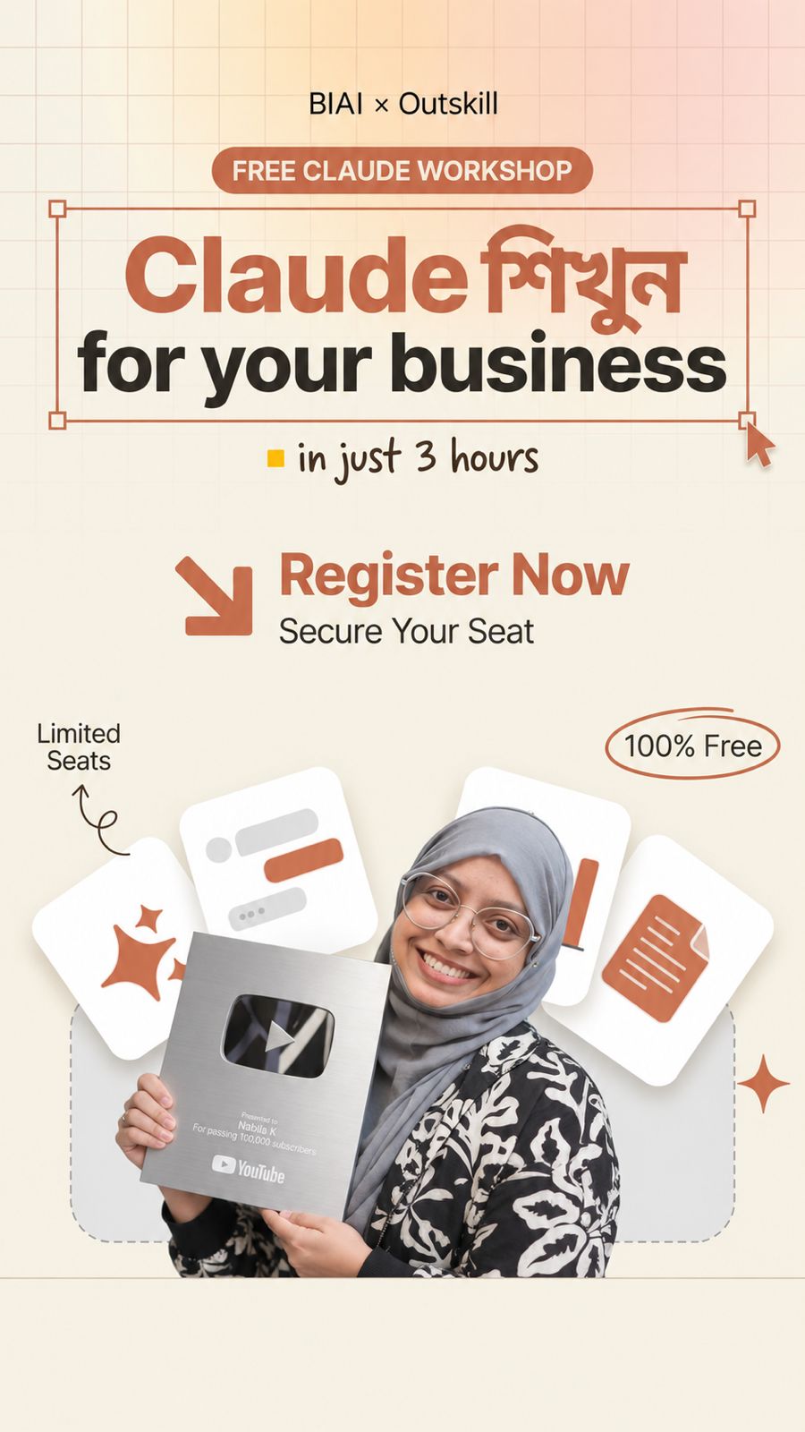 Nabila K Facebook ad: Workshop 100% FREE Seats Limited