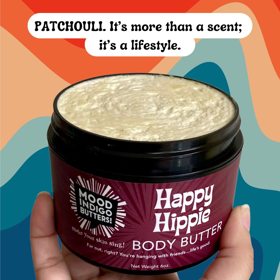 Mood Indigo Facebook ad: PATCHOULI BODY BUTTER | HAPPY HIPPIE
