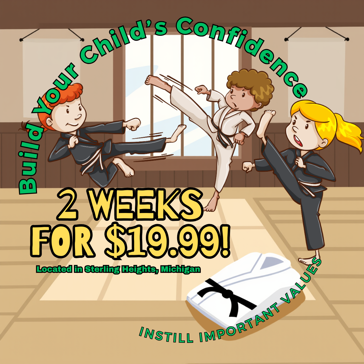 College of Martial Arts Facebook ad: Kids Martial Arts: 2 WEEKS FOR $19.99