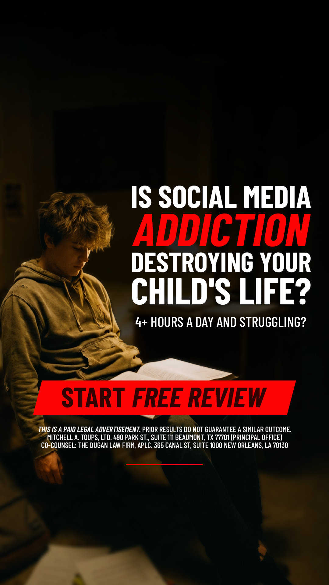 Social Media Victim Helpline Facebook ad from Mar 23, 2026