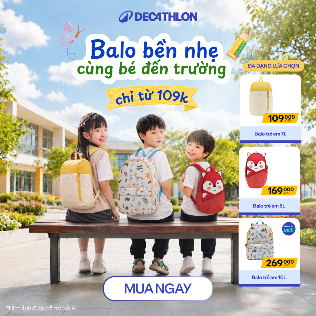 Decathlon Việt Nam Facebook ad: BALO MỚI CHO BÉ MÙA TỰU TRƯỜNG - GIÁ TỐT MUA NGAY!