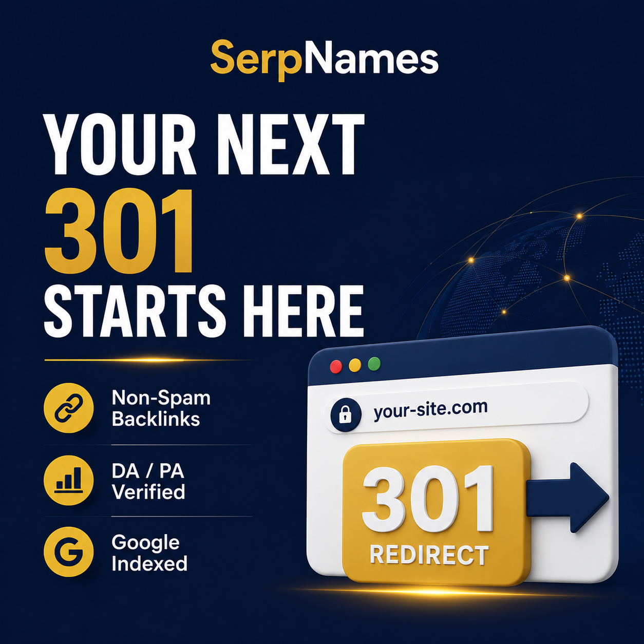 SerpNames.com Facebook ad: Find a Clean 301 Domain