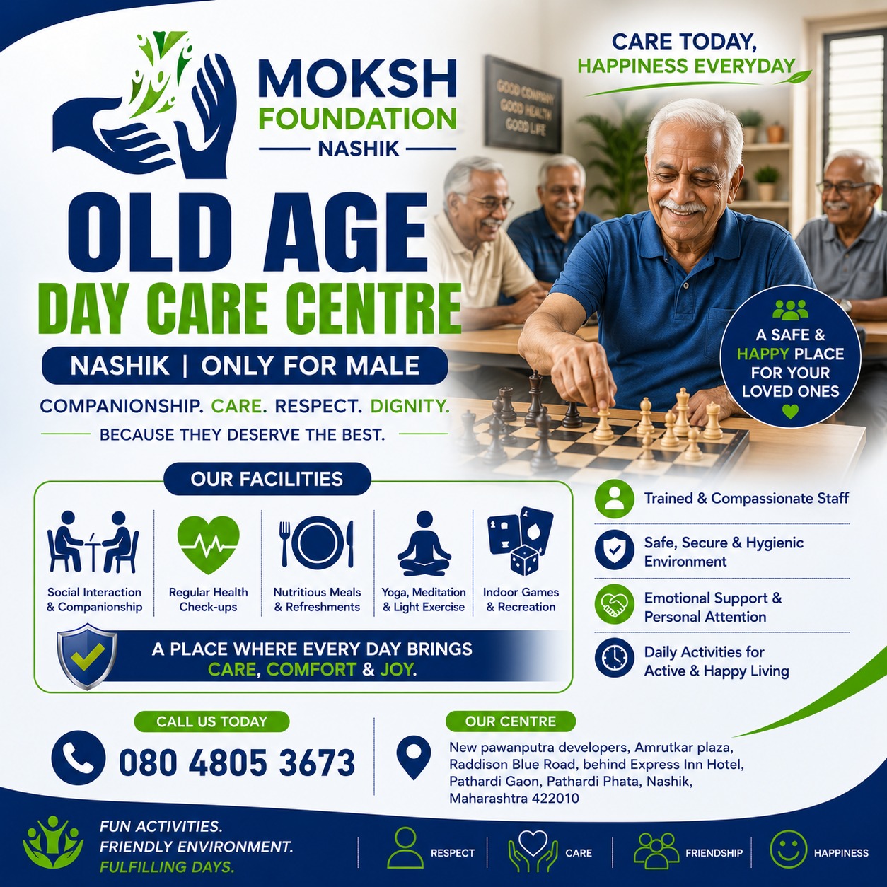 Moksh Mental Health Wellness Centre Facebook ad: A Safe & Happy Day Care Place for Elders