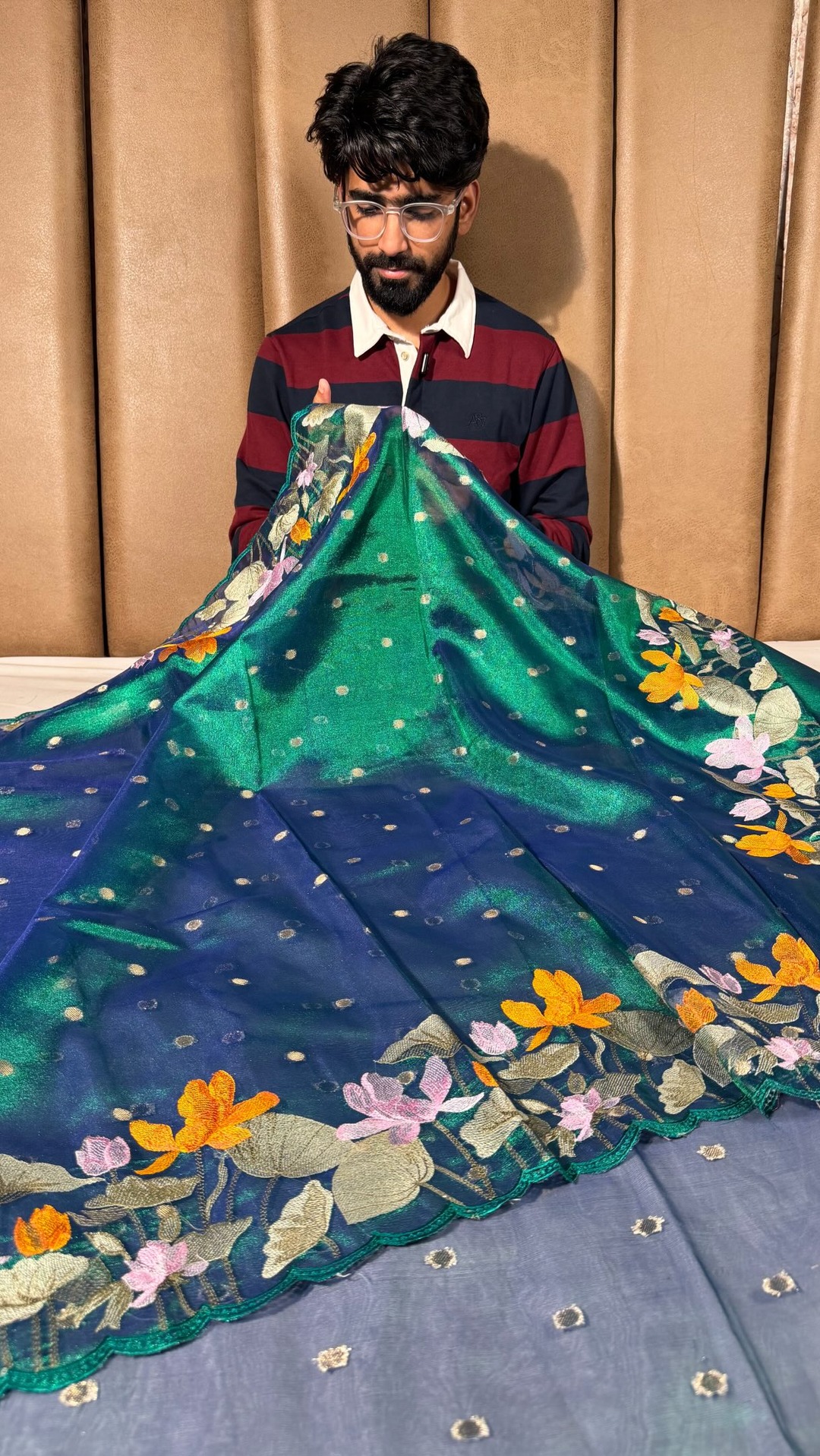 USee Shop Facebook ad: Metallic Peacock Shade Kora Tissue Silk Banarasi Saree…