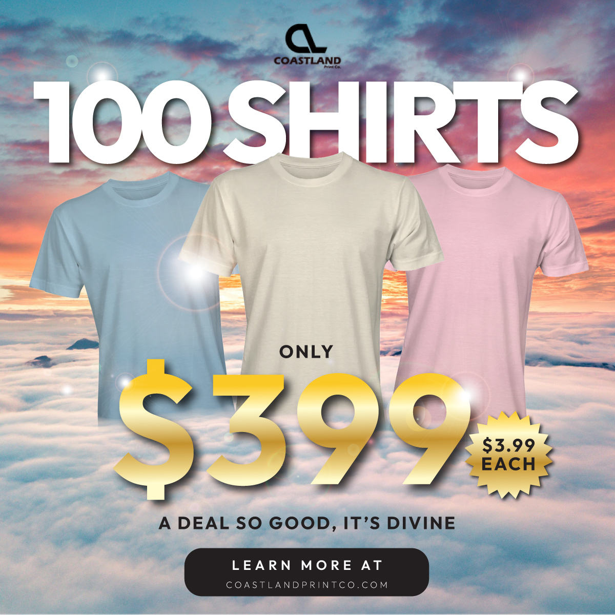 Coastland Print Co. Facebook ad: 100 Softstyle Tees - ONLY $3.99 a piece