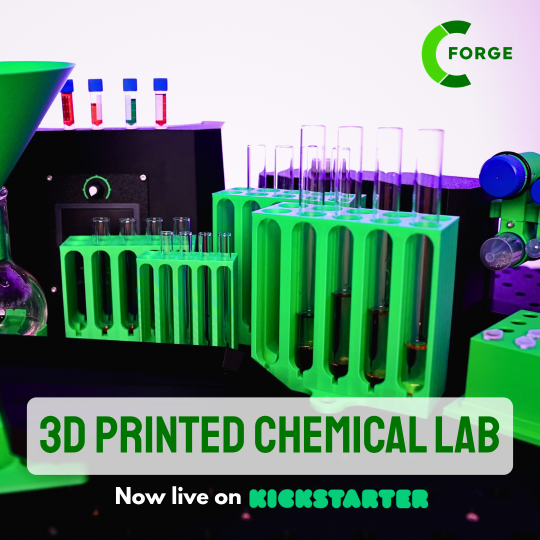 3D Forge Facebook ad: 3D printed chemical lab. Shape the Future. On your desk.