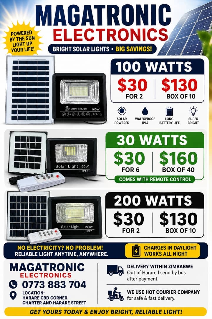 Apostle E Magaya Facebook ad: SOLAR FLOOD LIGHTS ON PROMOTION.