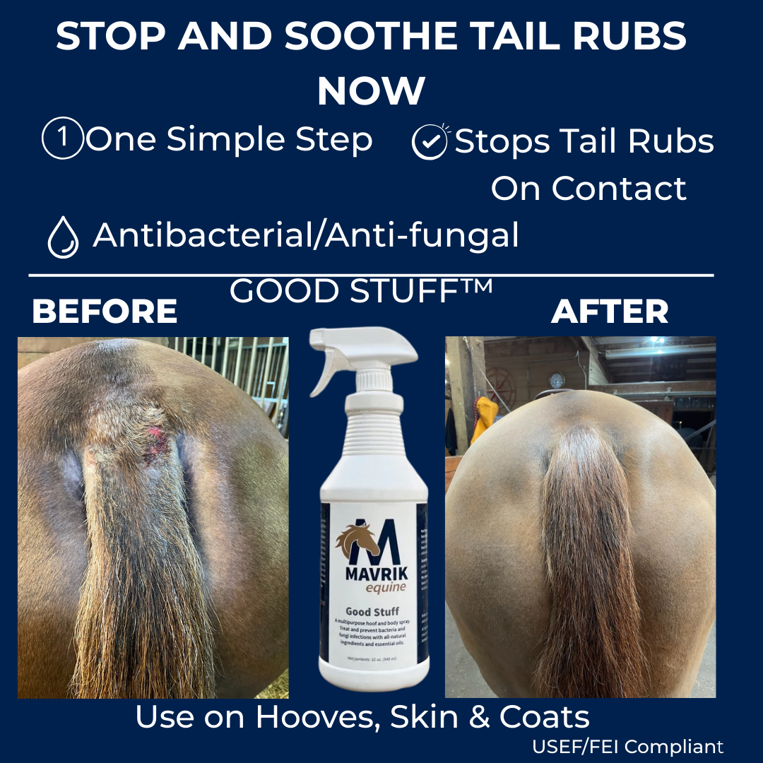 Sterling Essentials & Mavrik equine Facebook ad: Keeps Working on Wet, or Dry Horses