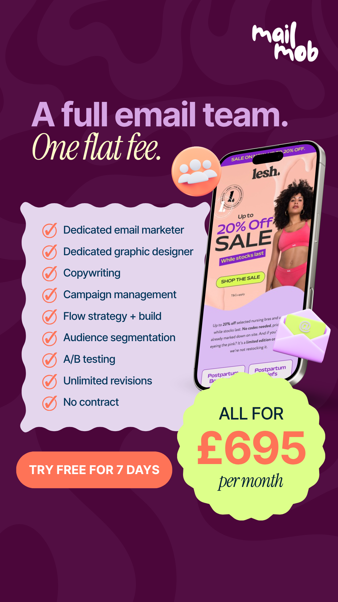 Mail Mob Facebook ad: A full email team for £695/mo