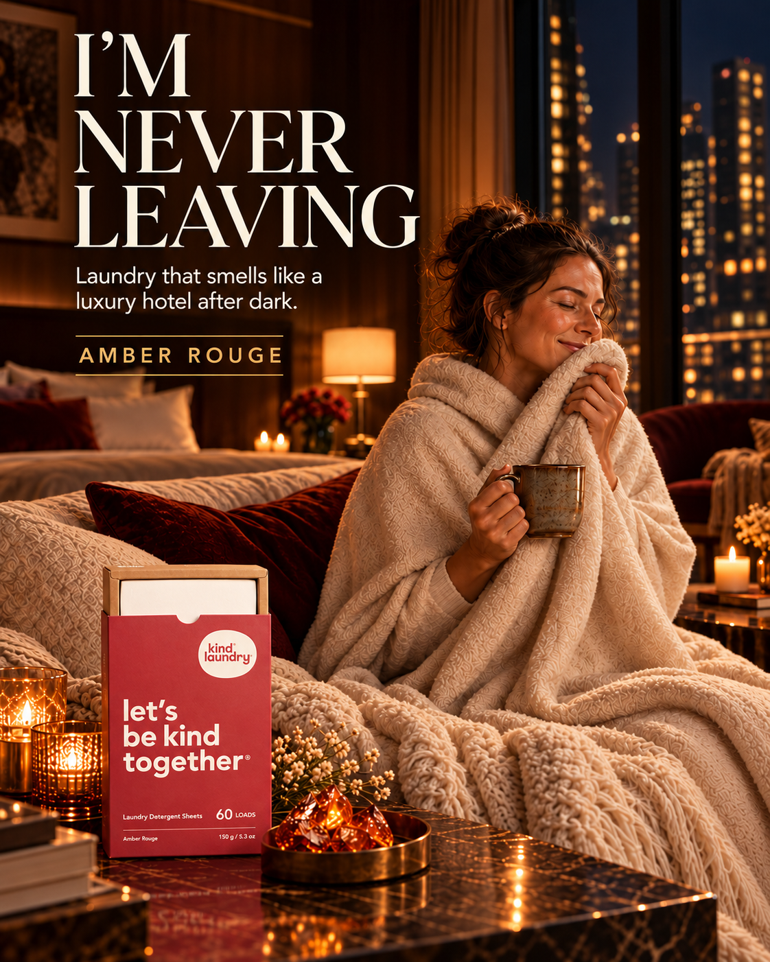 Kind Laundry Facebook ad: Warm. Rich. The Hotel Suite Feeling, In Your Laundry.