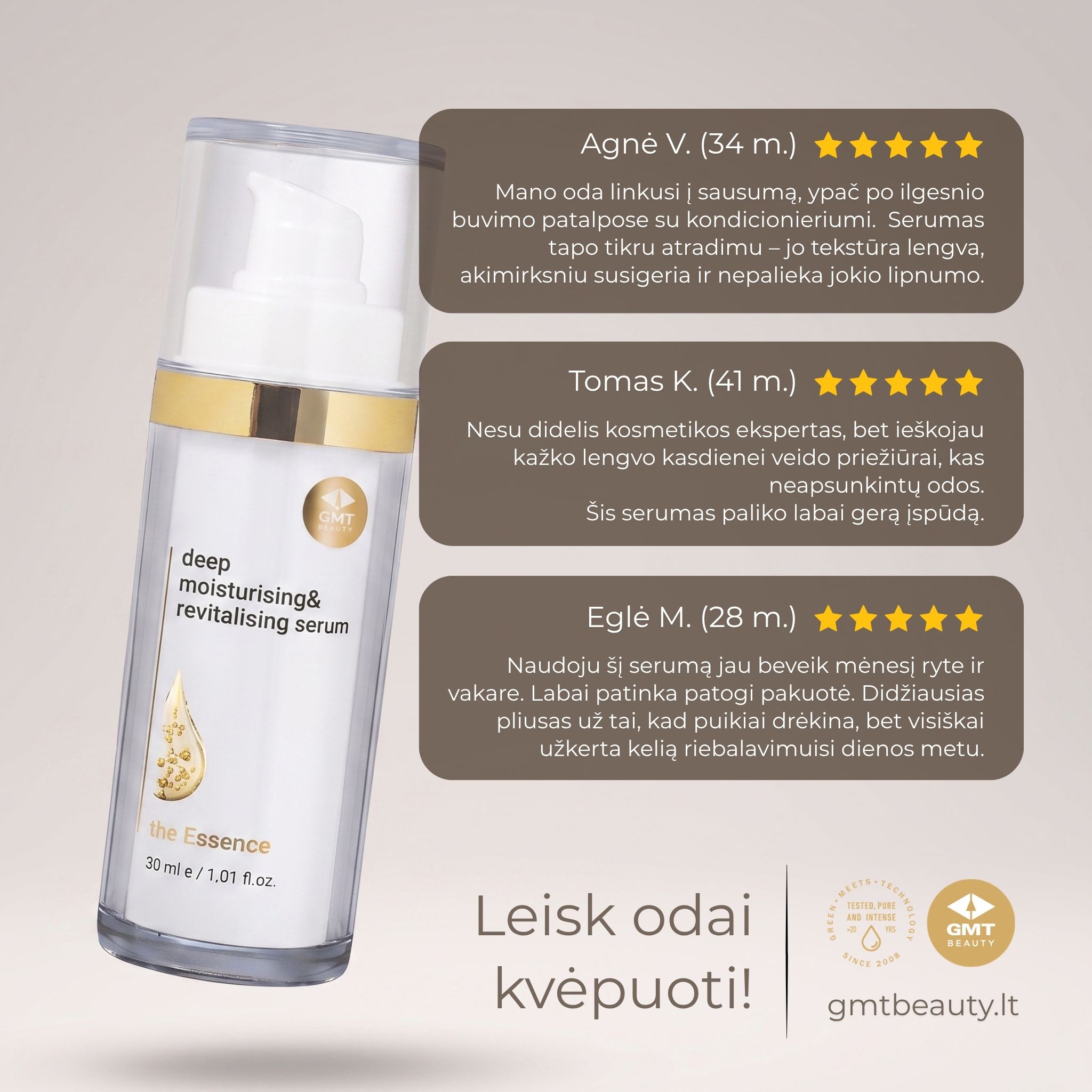 GMT Beauty kosmetika Facebook ad: GMT BEAUTY drėkinantis veido serumas (30 ml), 72h drėkinimas