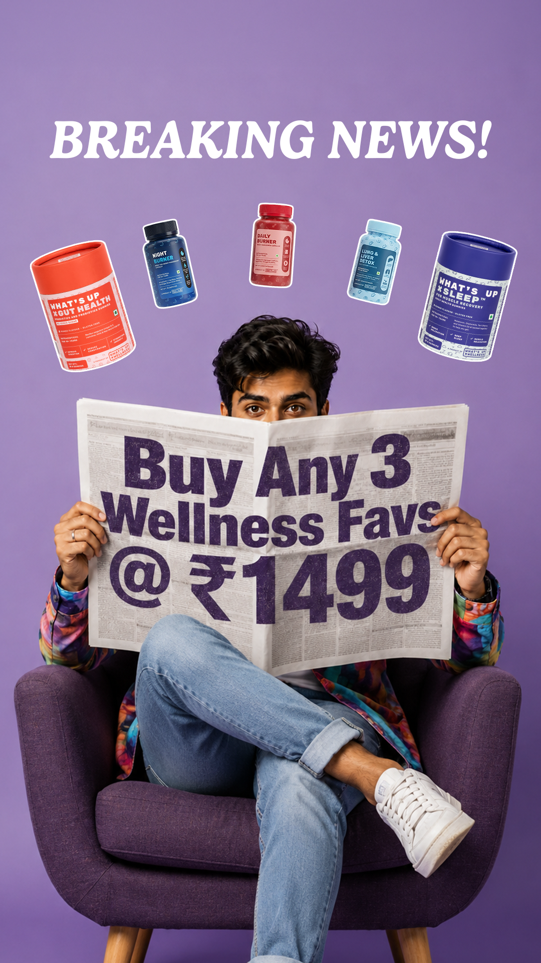 What's Up Wellness Facebook ad: Pick 3 Products @ ₹1499