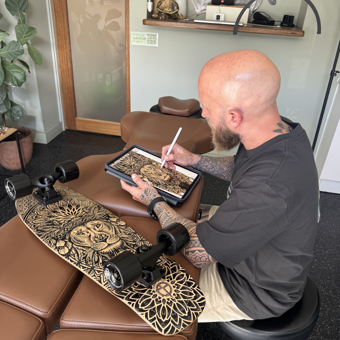 Gold Coast Longboards Facebook ad: Introducing the Olsen Collection, hand-drawn tattoo art by…