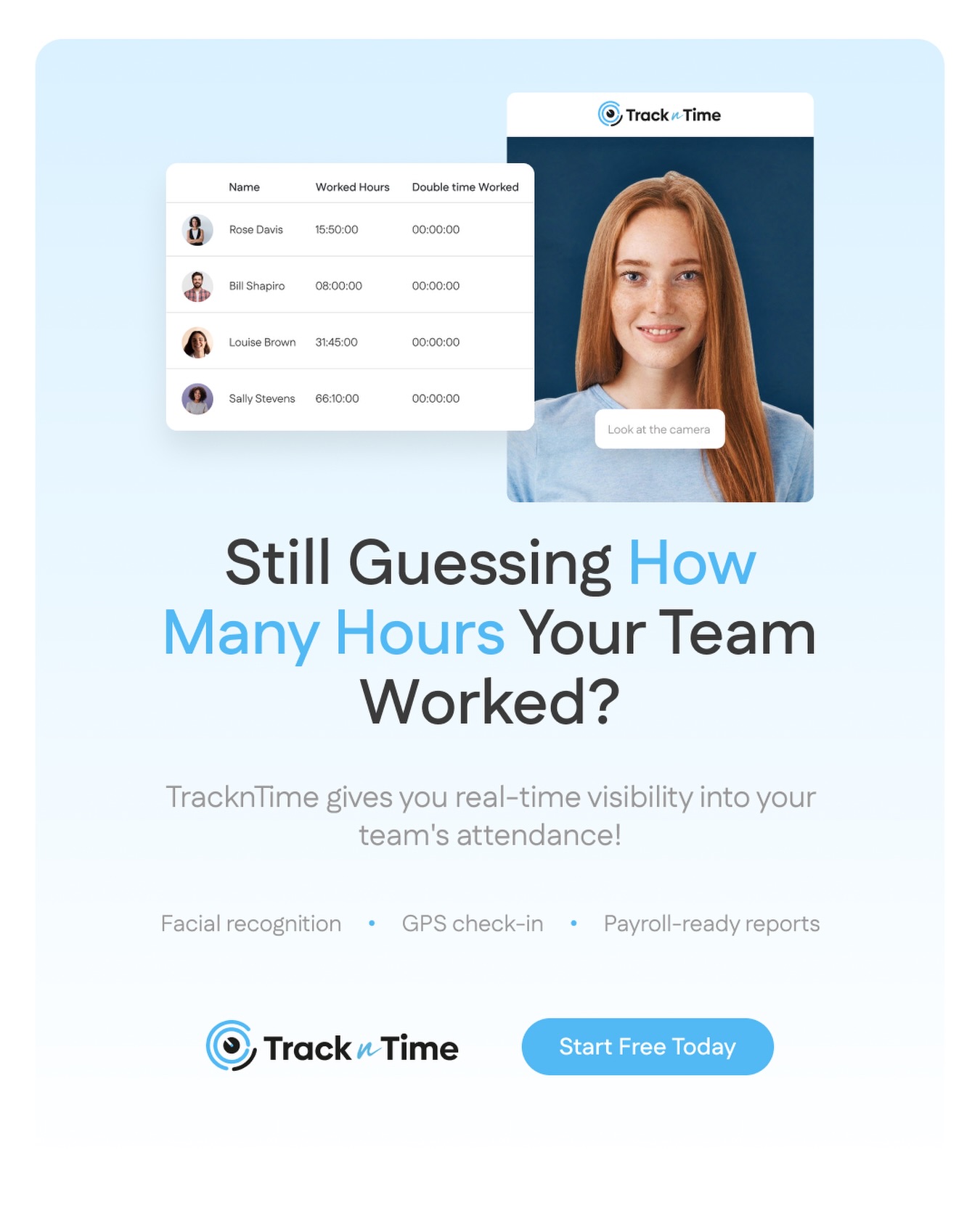 TracknTime Facebook ad: Still guessing how many hours your team actually…