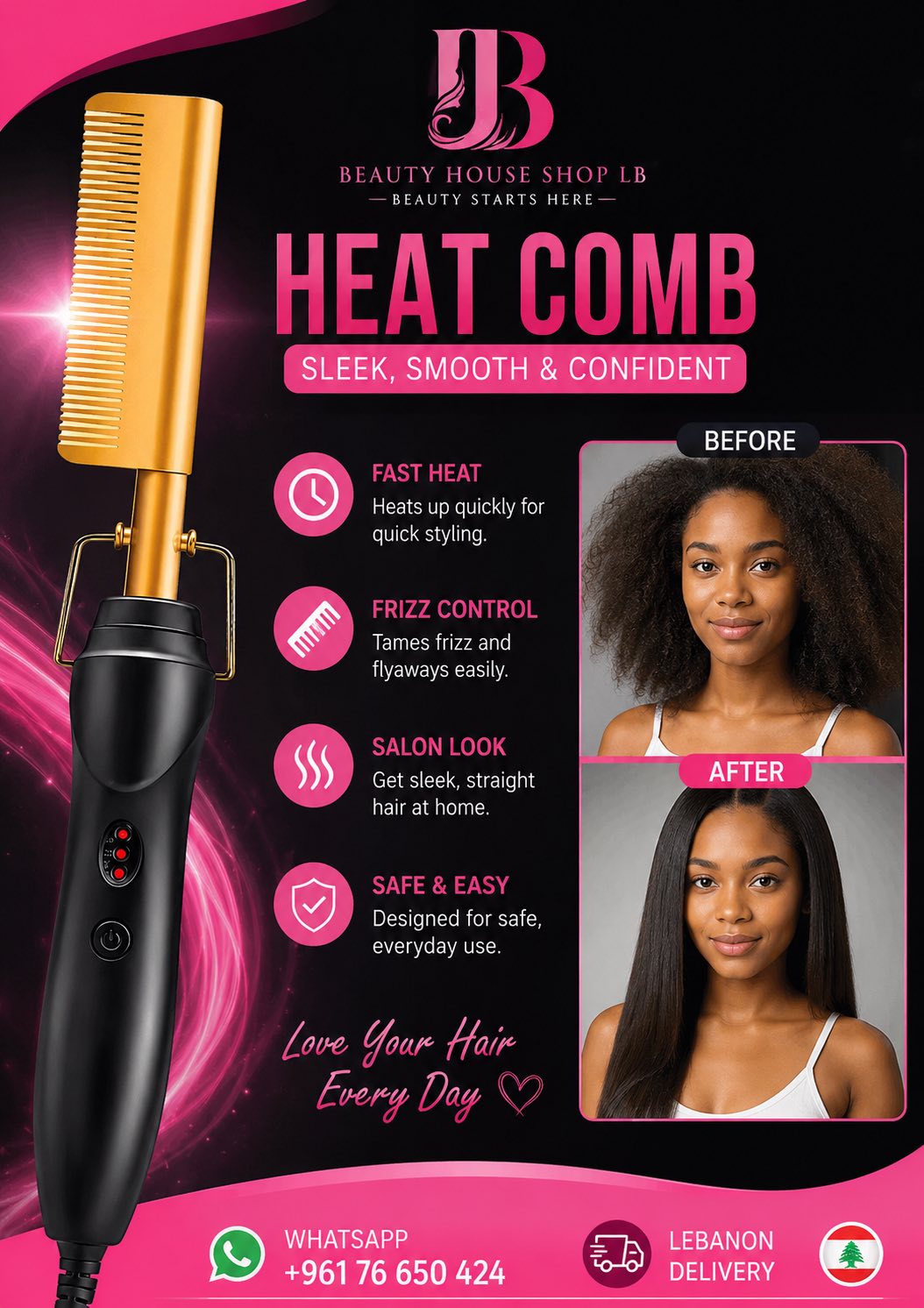 Beauty House LB Facebook ad: Salon-smooth hair in minutes!