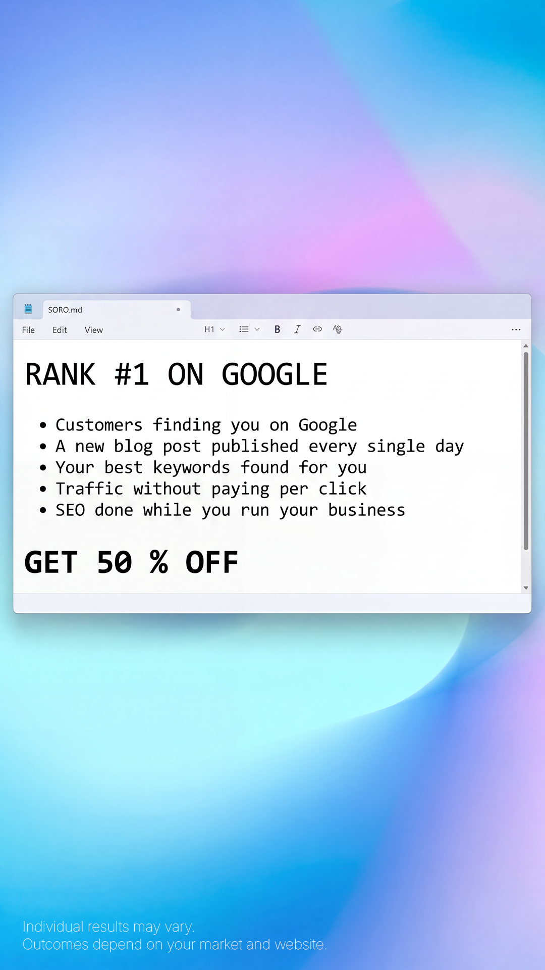 Soro SEO Facebook ad: Rank #1 on Google