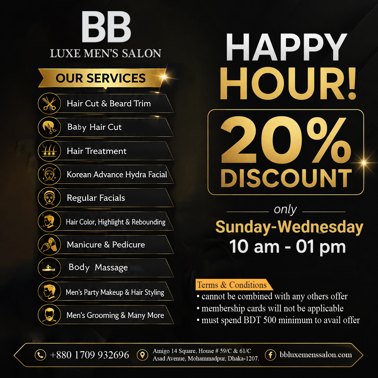 BB Luxe Men's Salon Facebook ad: BB Luxe Men’s Salon Happy Hour, look sharp…