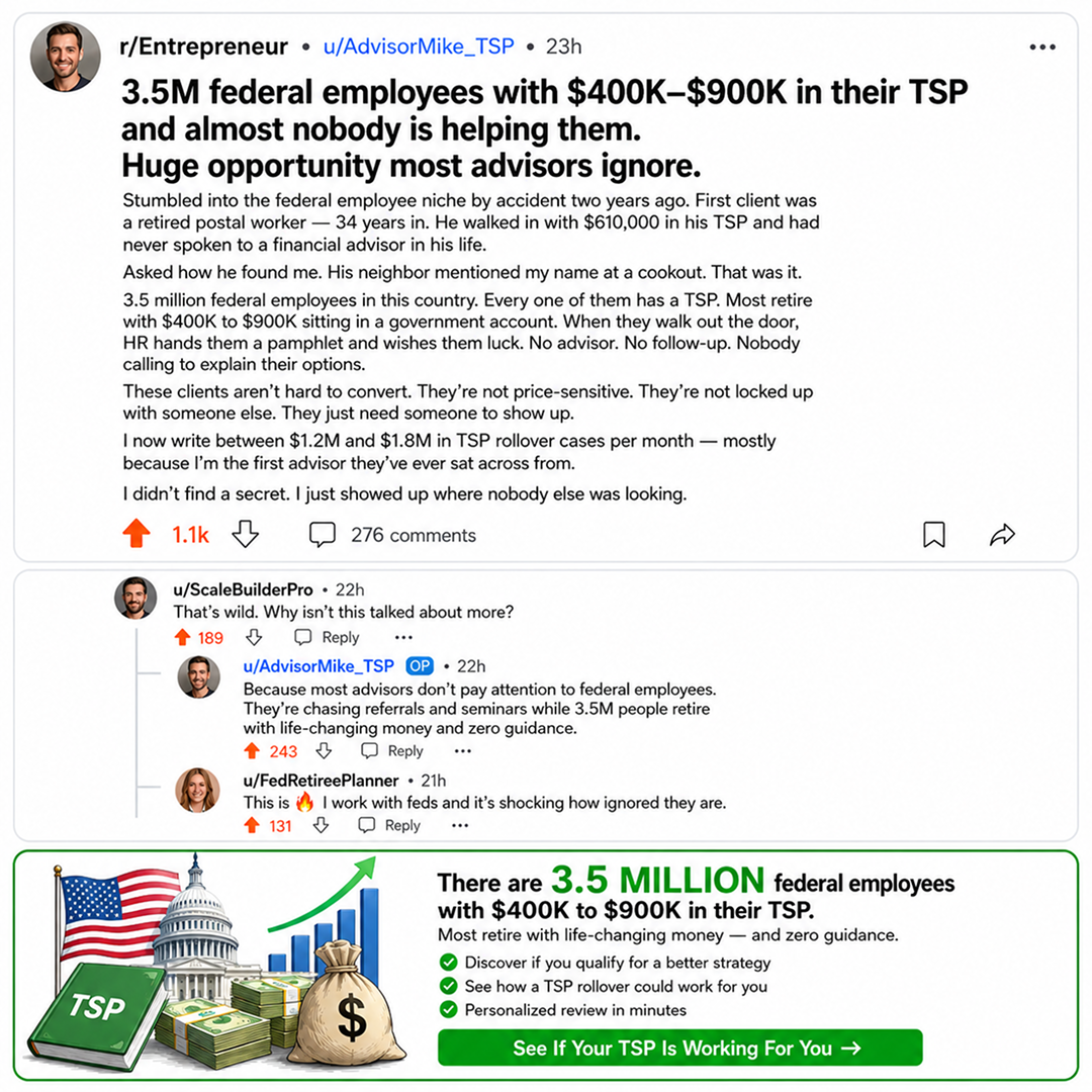 Annuity Leads On Demand Facebook ad: Millions in TSP Money. Not Enough Advisors Who Know How to…