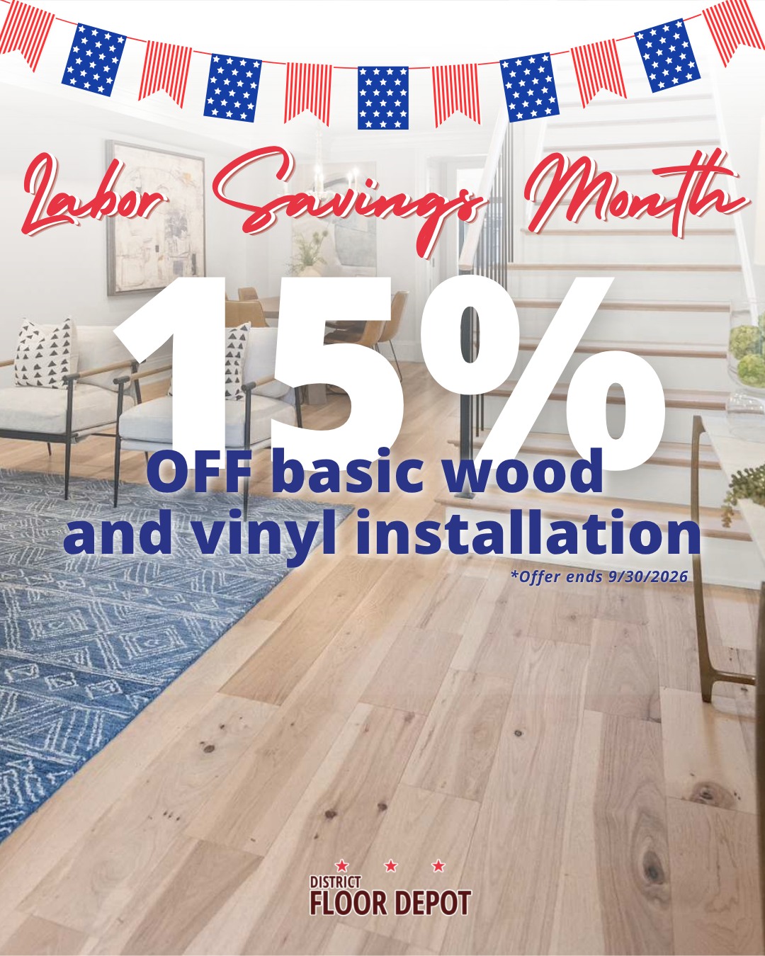 District Floor Depot Facebook ad: It's Labor Savings Month!