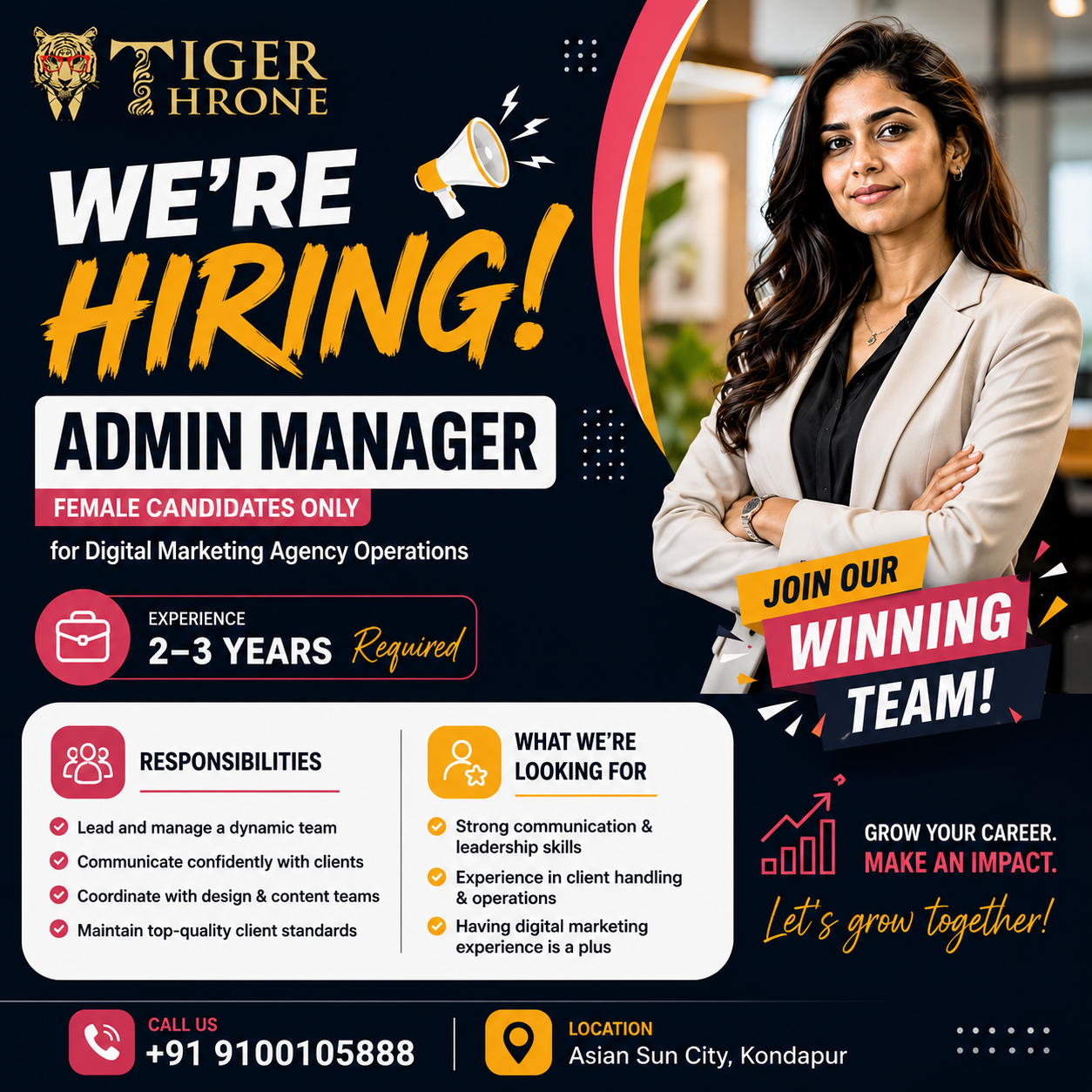 Tiger Throne Facebook ad: Experienced Admin Manager Wanted, Immediate Hiring