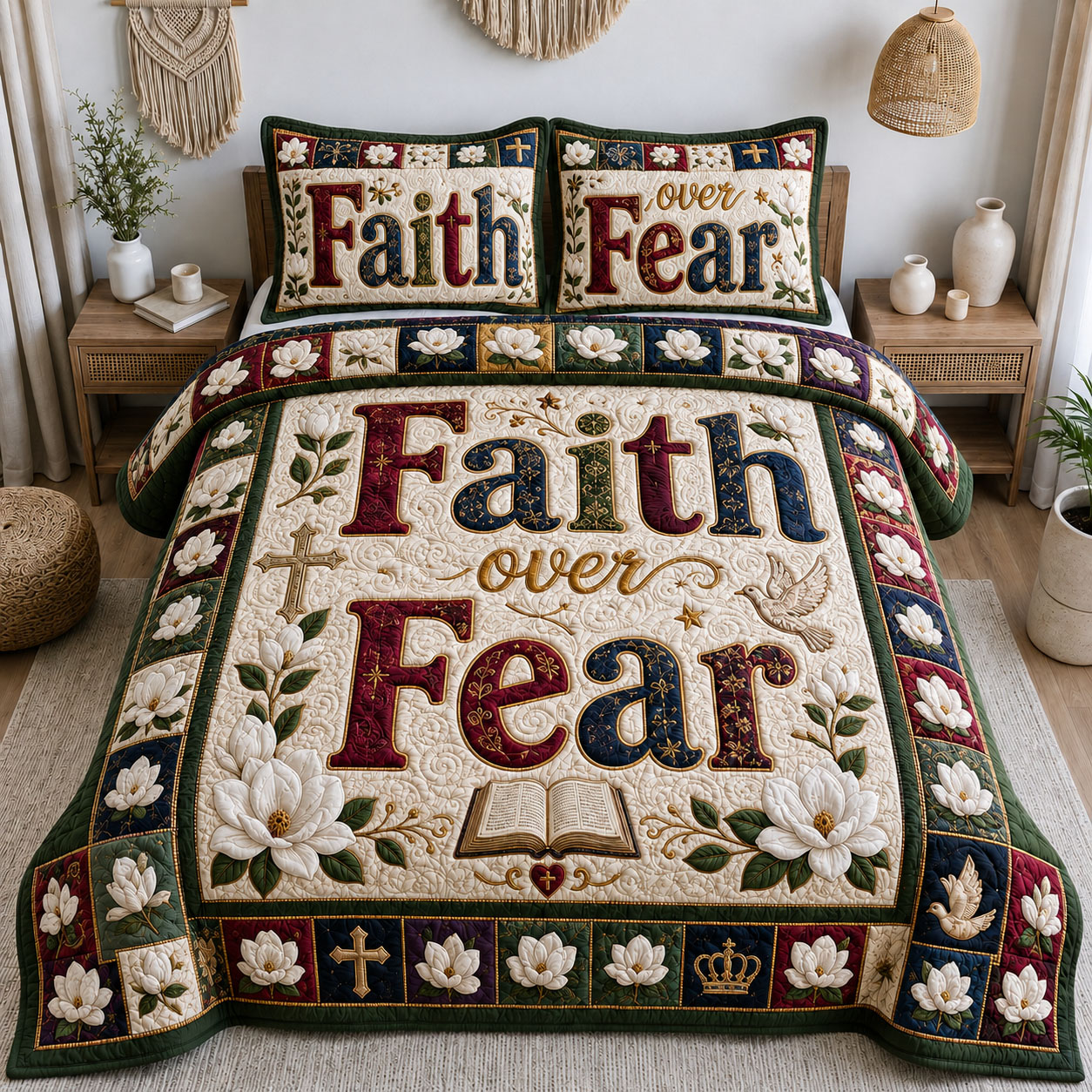 Patches Stitched Harmony Facebook ad: Faith Over Fear Magnolia Floral 3-Piece Quilted Bedding…