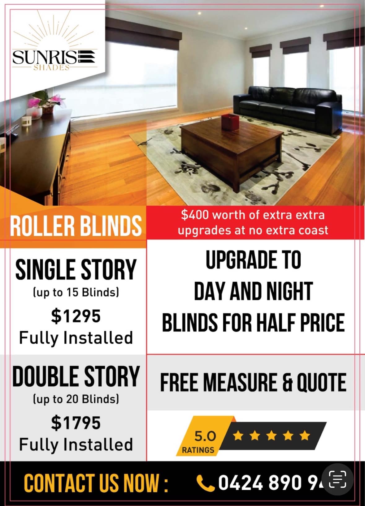 Sunrise Shades Facebook ad: Custom made Roller blinds.