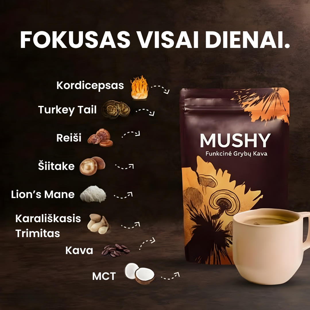 MUSHY Funkcinė Grybų Kava Facebook ad: Daugiau nei tik kava.