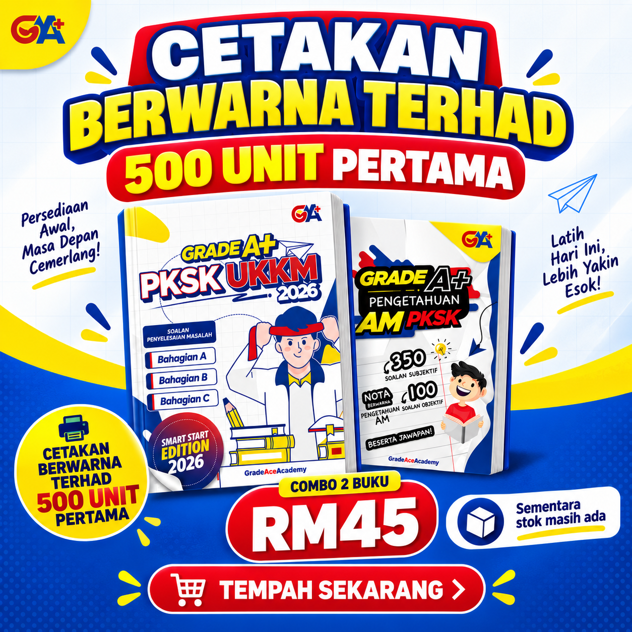 Grade Ace Academy Facebook ad: 2 Buku PKSK & UKKM Hanya RM45