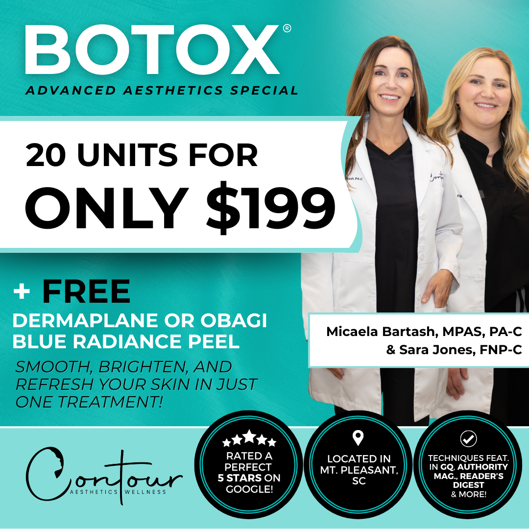 Contour Aesthetics & Wellness Facebook ad: 1 Area of Botox (20 units) + Dermaplane or Peel ONLY $199!