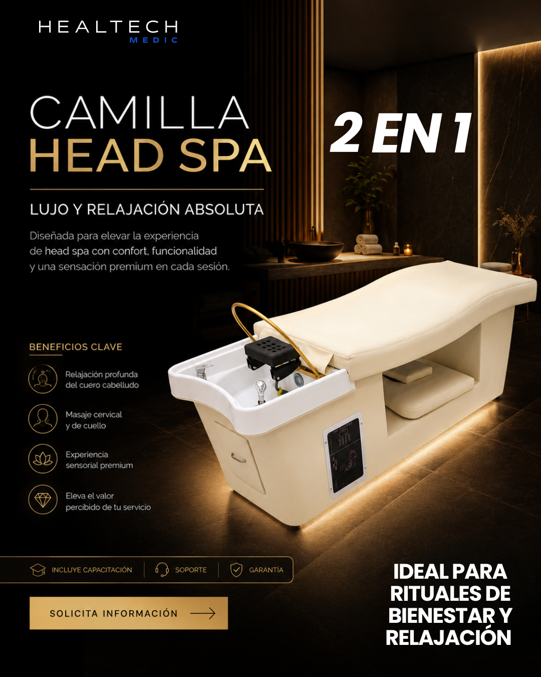 Healtech MX Facebook ad: Camilla con Head Spa integrado