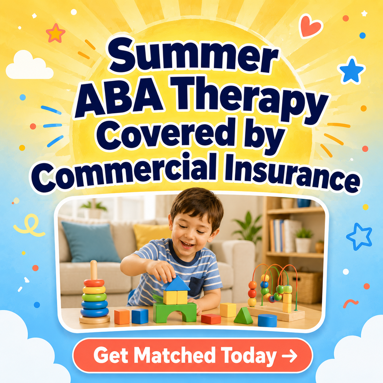 Harmony Care Finder Facebook ad: Summer ABA Therapy Covered by Commercial Insurance