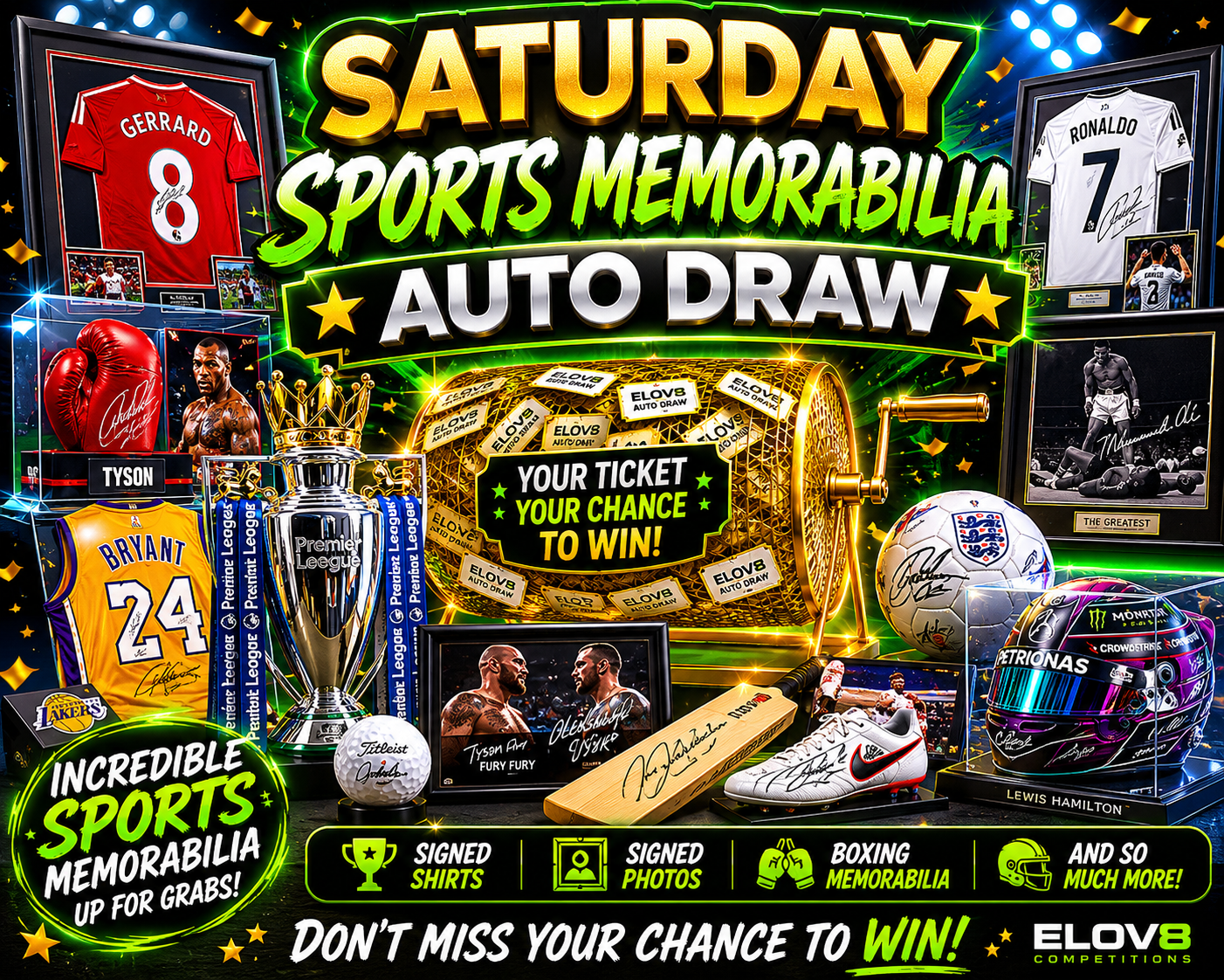 Elov8comps Facebook ad: Saturdays Sports Memorabilia Auto Draw