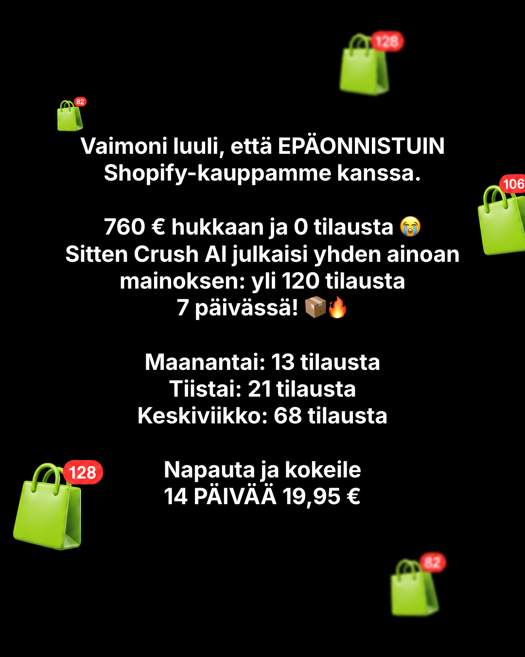 trycrush.ai Facebook ad: 760 € hukkaan. Sitten 120+ tilausta