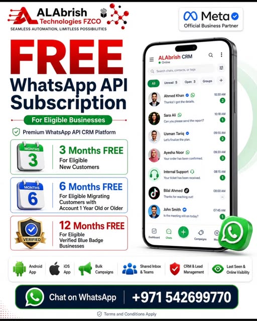 ALAbrish Technologies FZCO Facebook ad: Get your WhatsApp API subscription FREE with ALAbrish…