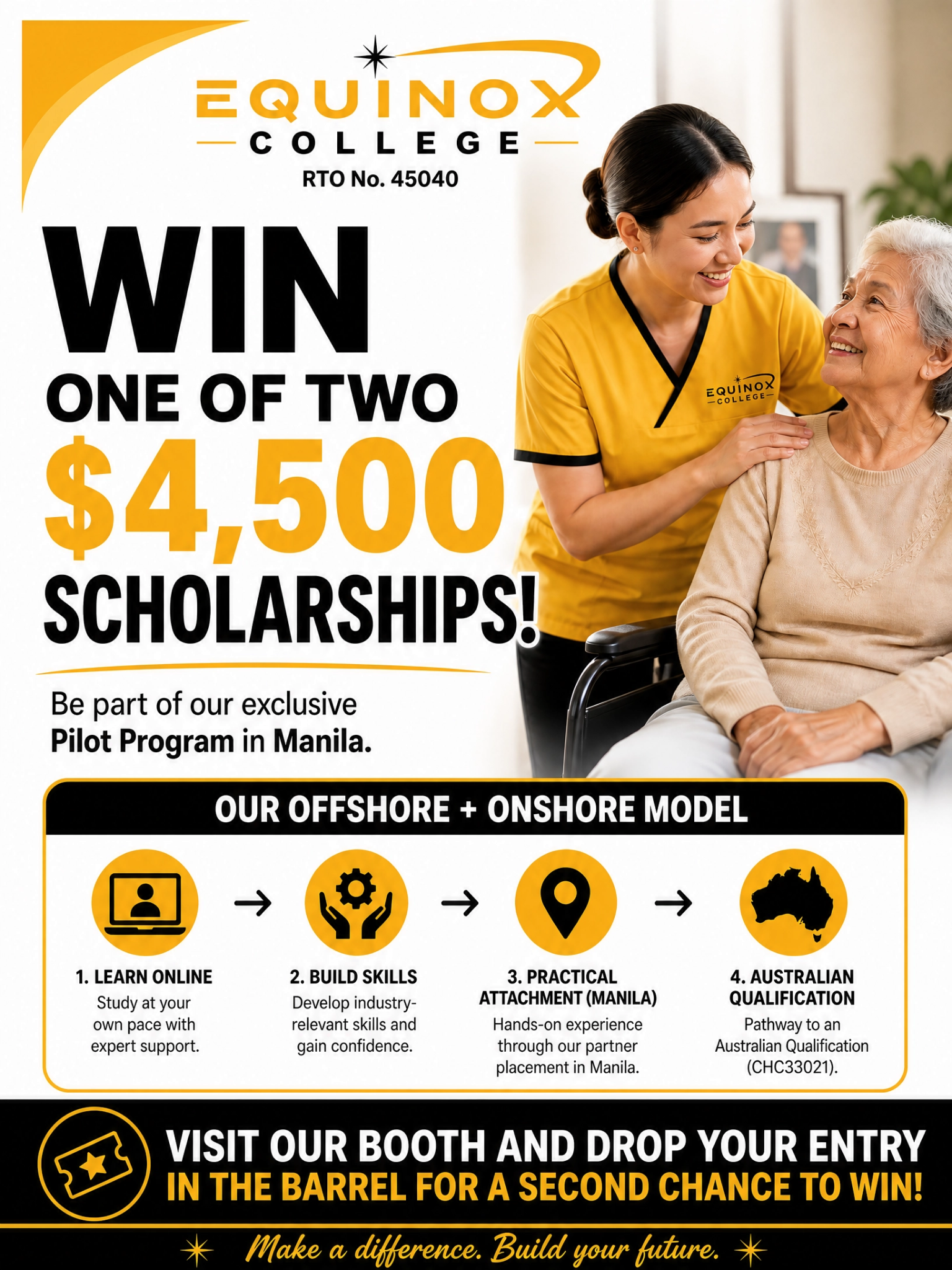 Equinox College RTO.45040 Facebook ad: WIN 1 OF 2 FULL TUITION SCHOLARSHIPS!