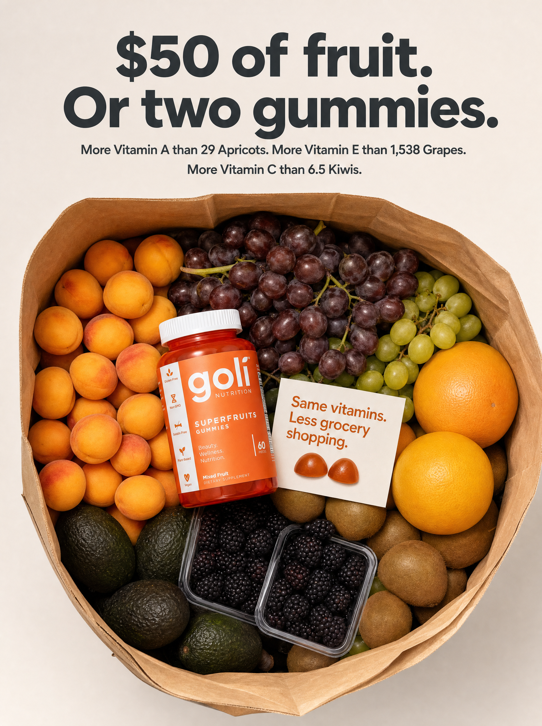 Goli Facebook ad: $50 of Fruit, or Two Gummies?