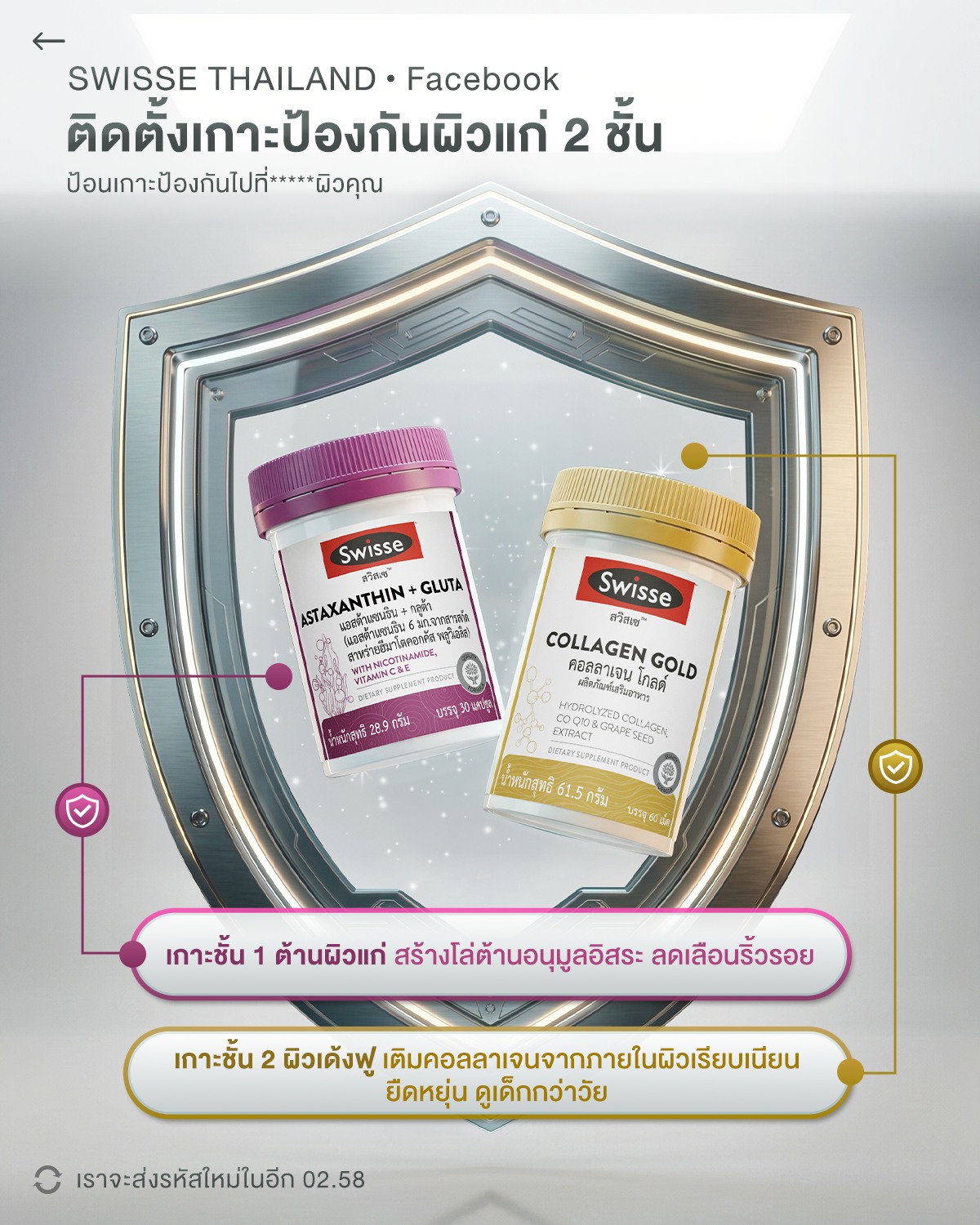Swisse Thailand Facebook ad: ติดเกราะ 2 ชั้น ล็อกผิวเด็กแบบไม่ต้องกลัวโดนแฮก