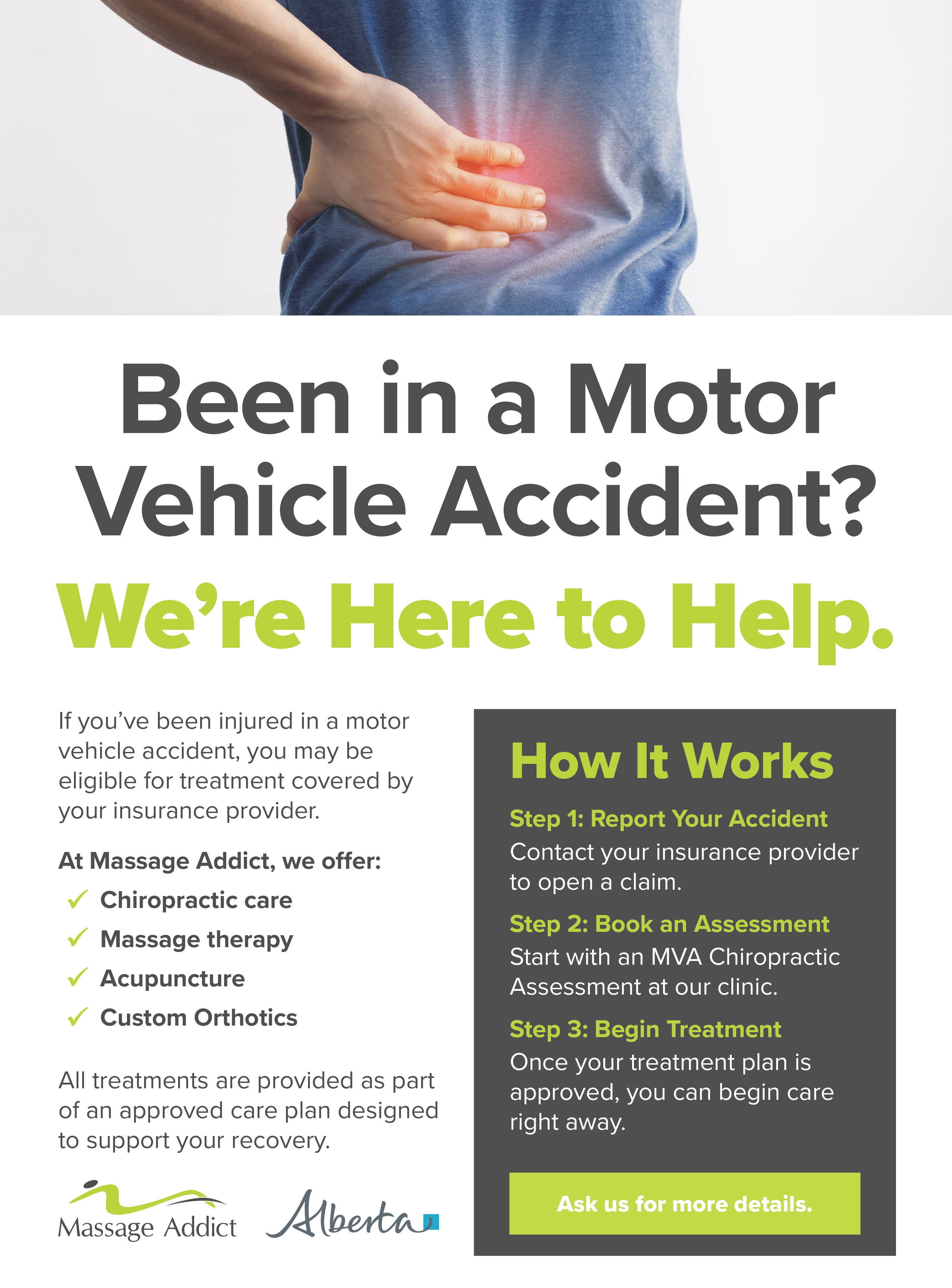Massage Addict Calgary Crowfoot Facebook ad: Injured in a car accident?
