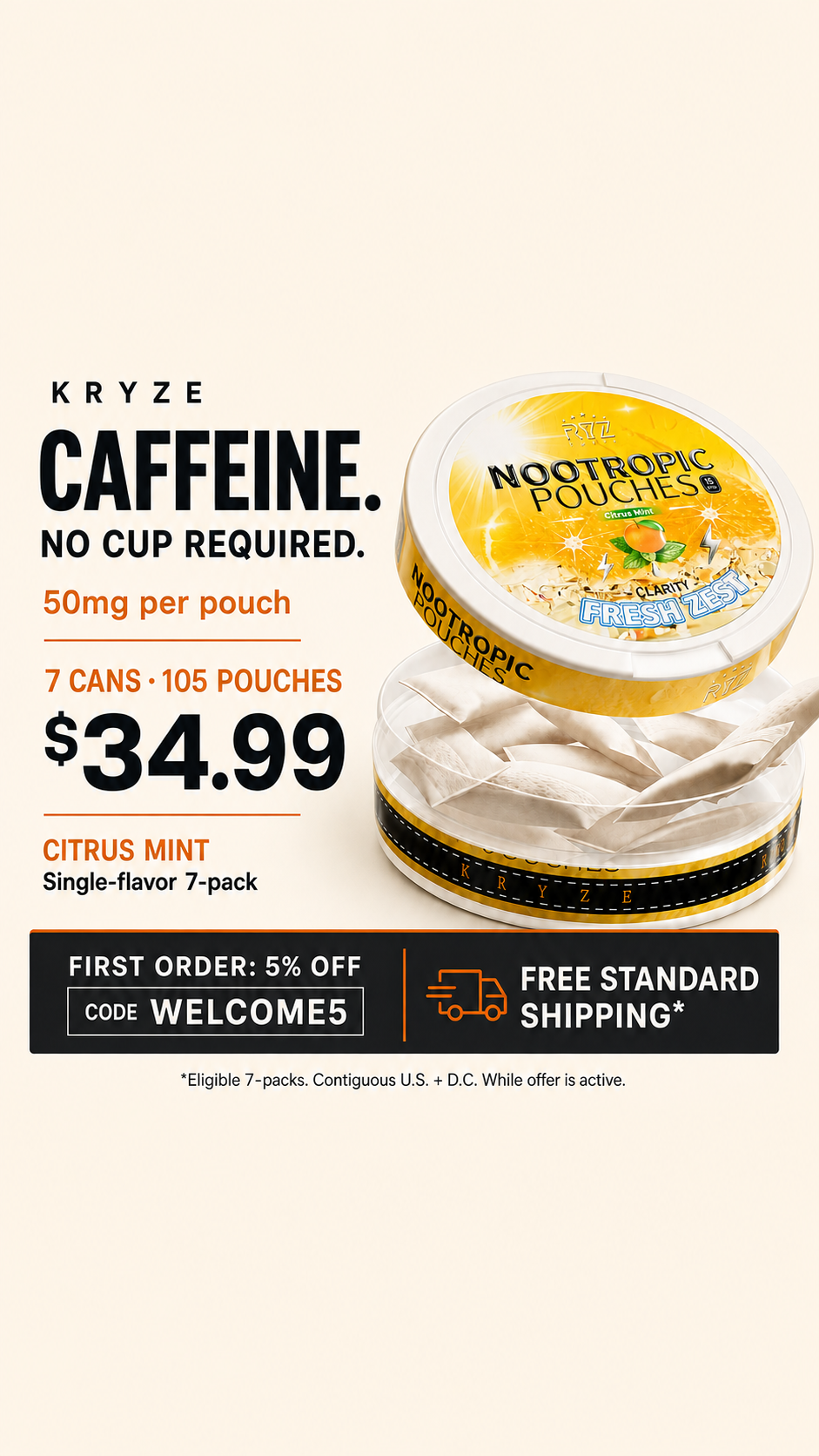 Kryze Facebook ad: 7 Cans. 105 Pouches. $34.99.
