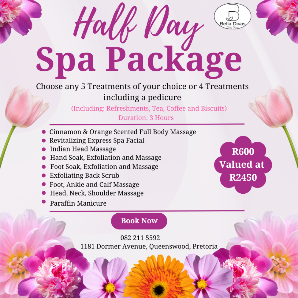 Bella Divas Day Spa, Queenswood, Pretoria Facebook ad: Book Your Bliss Now, Call 082 211 5592 to Avoid…