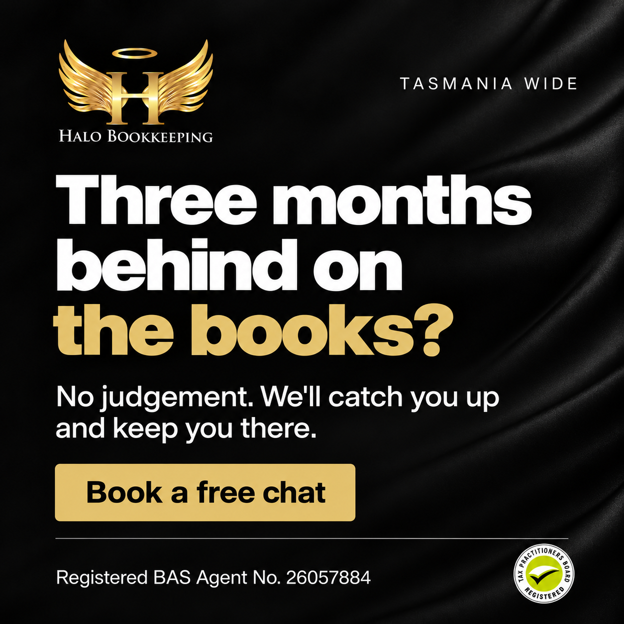 HALO Bookkeeping Facebook ad: Behind on the Books? Let’s Fix That.