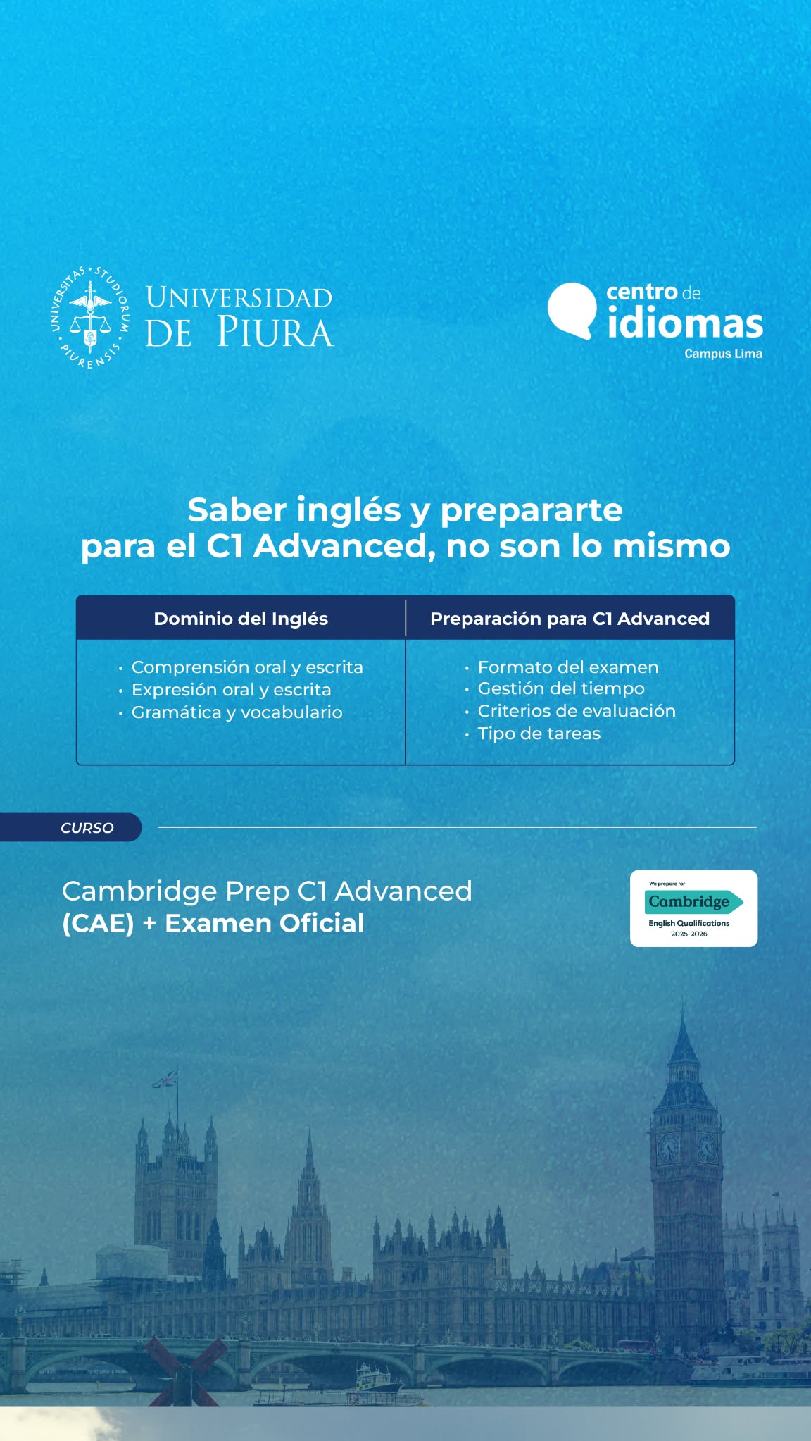 Centro de Idiomas UDEP Campus Lima Facebook ad: Domina el C1 Advanced (CAE)