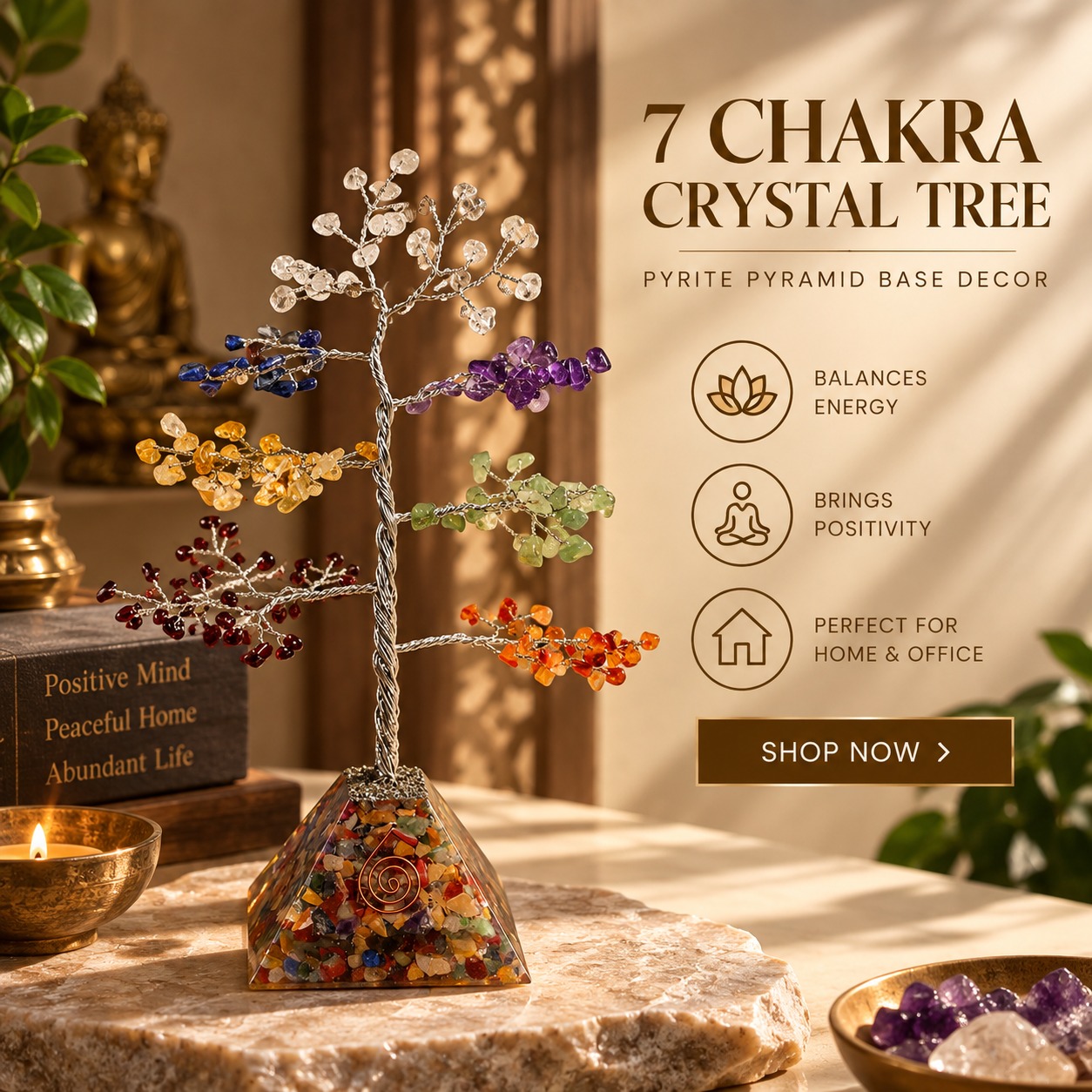 CrystalCollective Facebook ad: Buy 7 Chakra Pyrite Crystal Tree Pyramid Decor