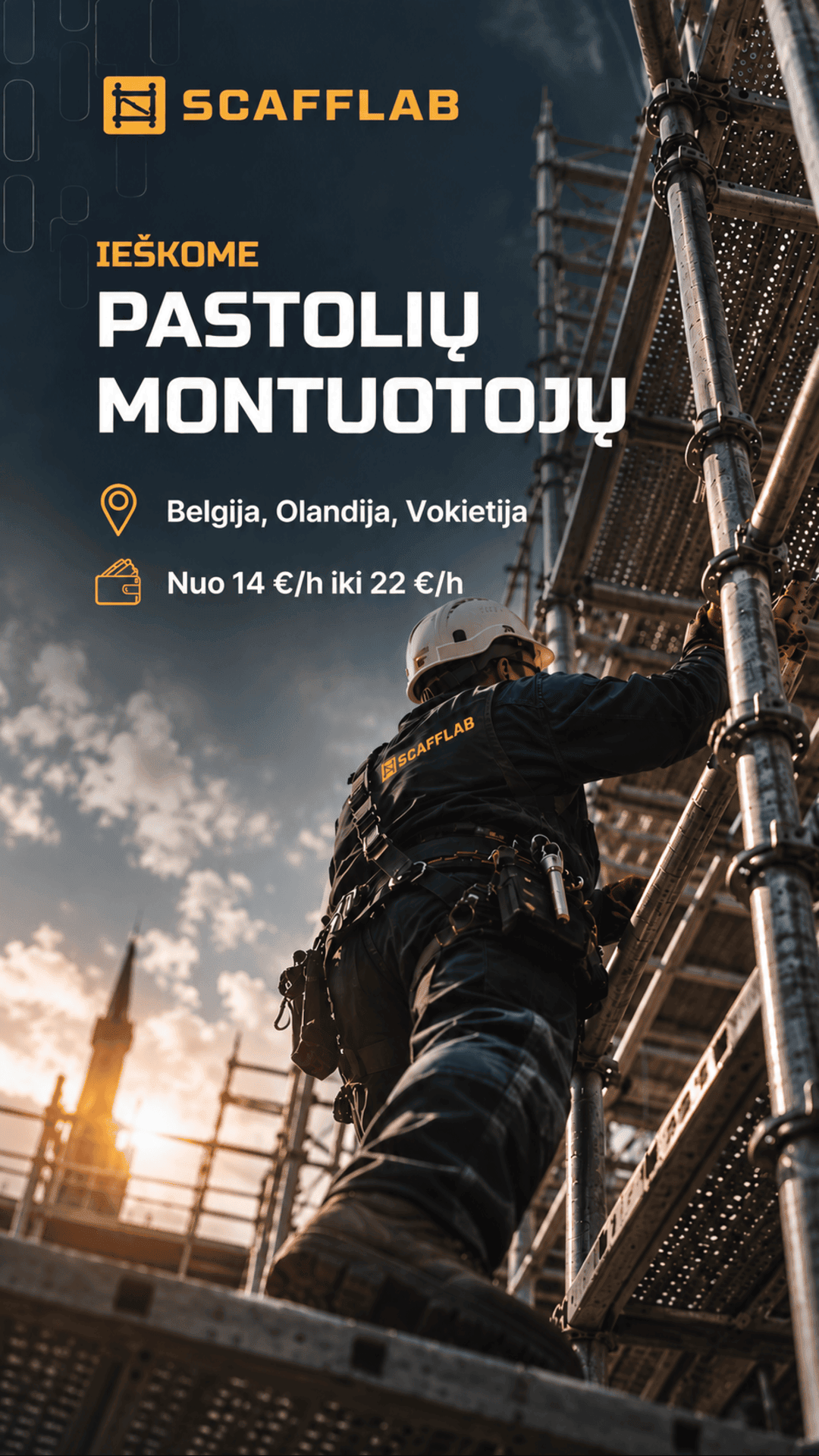 Scafflab Facebook ad: Nuo 14 €/val. į rankas Ieškome PASTOLIŲ MONTUOTOJŲ