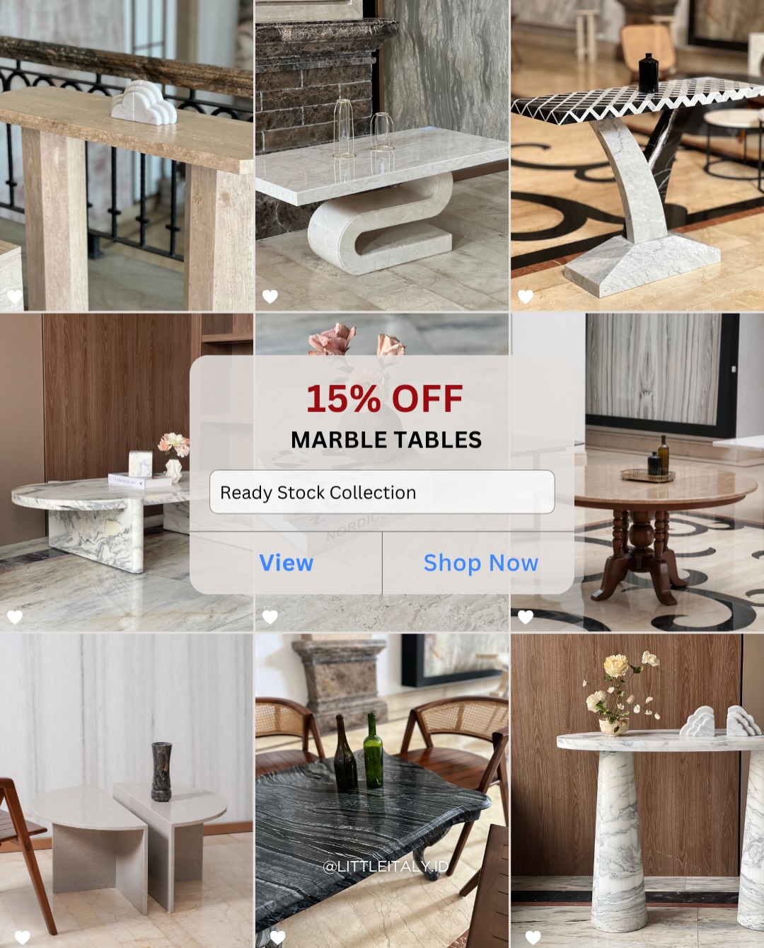 LittleItaly.id Facebook ad: 15% OFF, ALL READY STOCK MARBLE TABLES