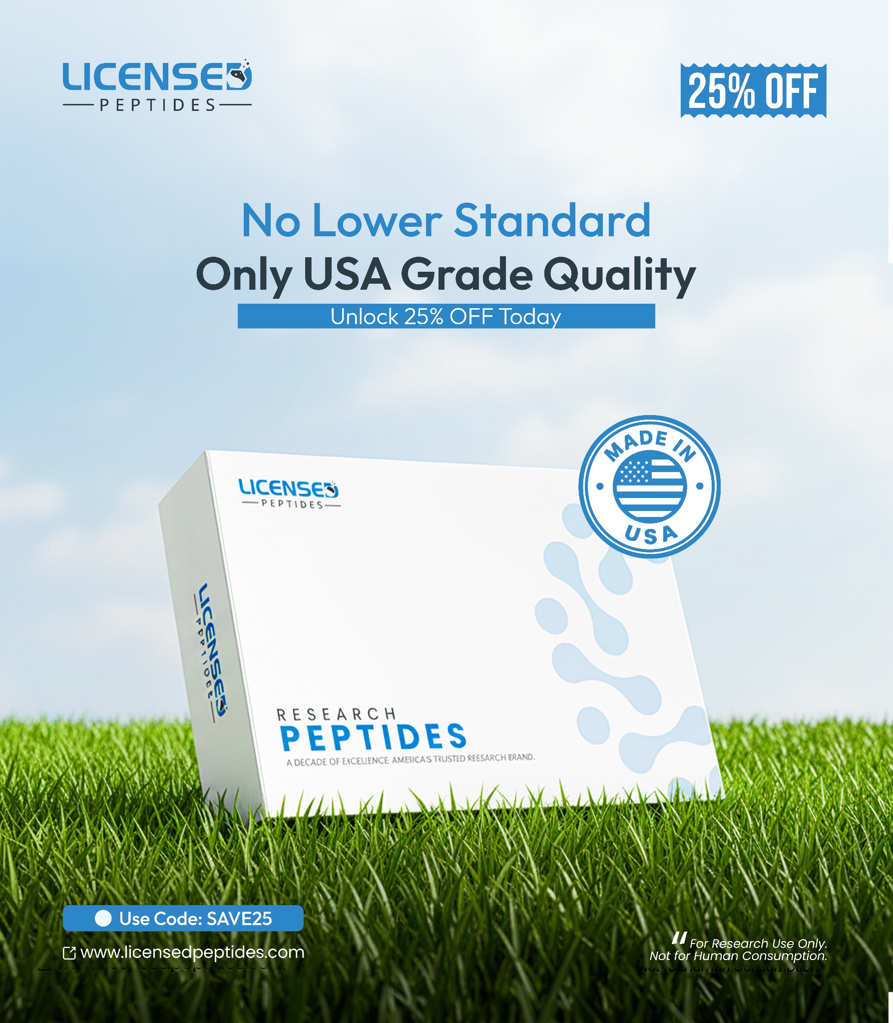LicensedPeptides.com Facebook ad: Take 25% Off Today