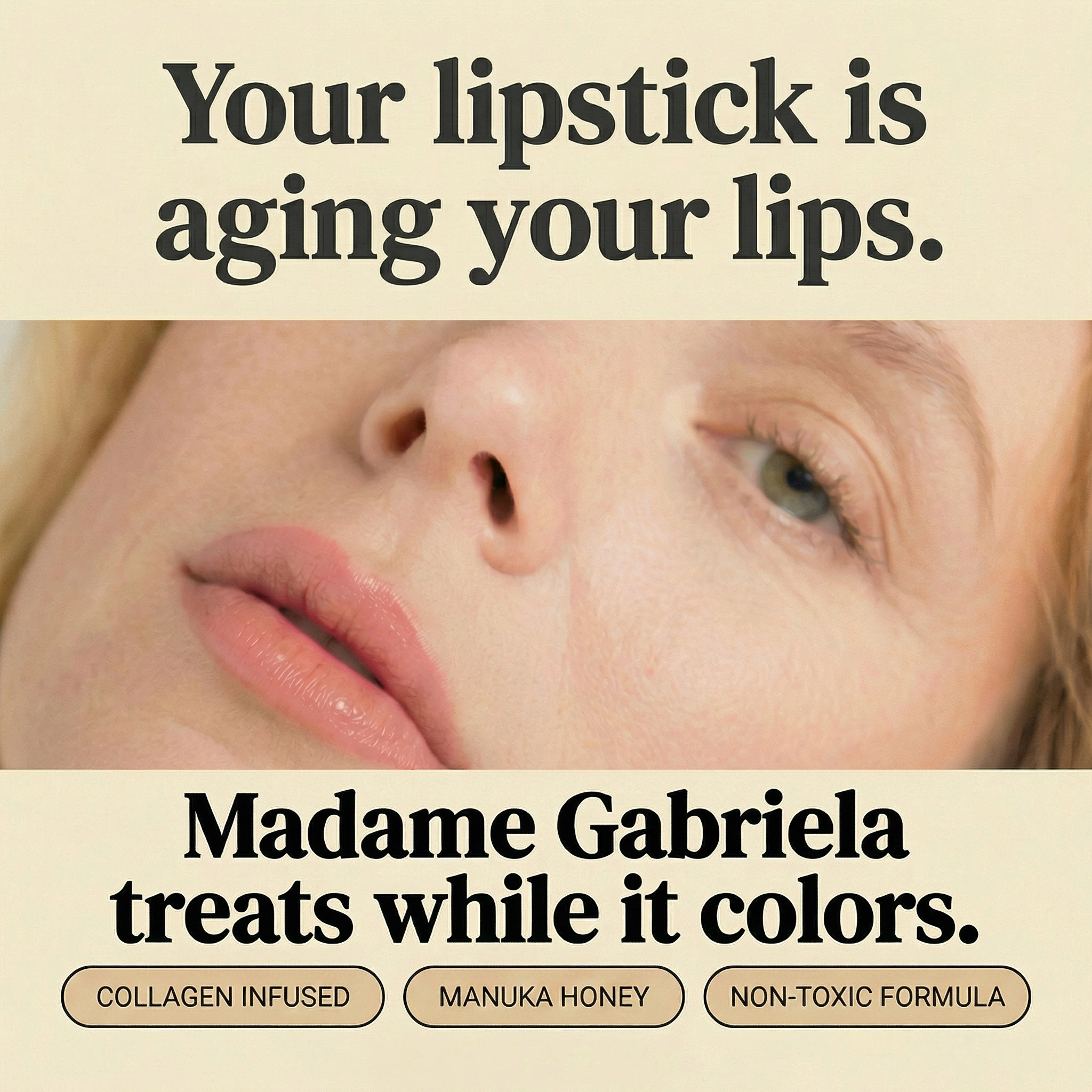 Madame Gabriela Facebook ad: Your lips are skin. Treat them like it.