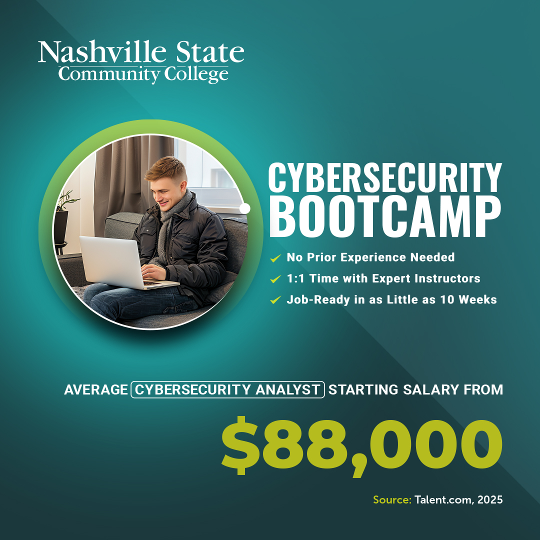 Nashville State Community College Coding Bootcamps Facebook ad: Train for a Cybersecurity Career