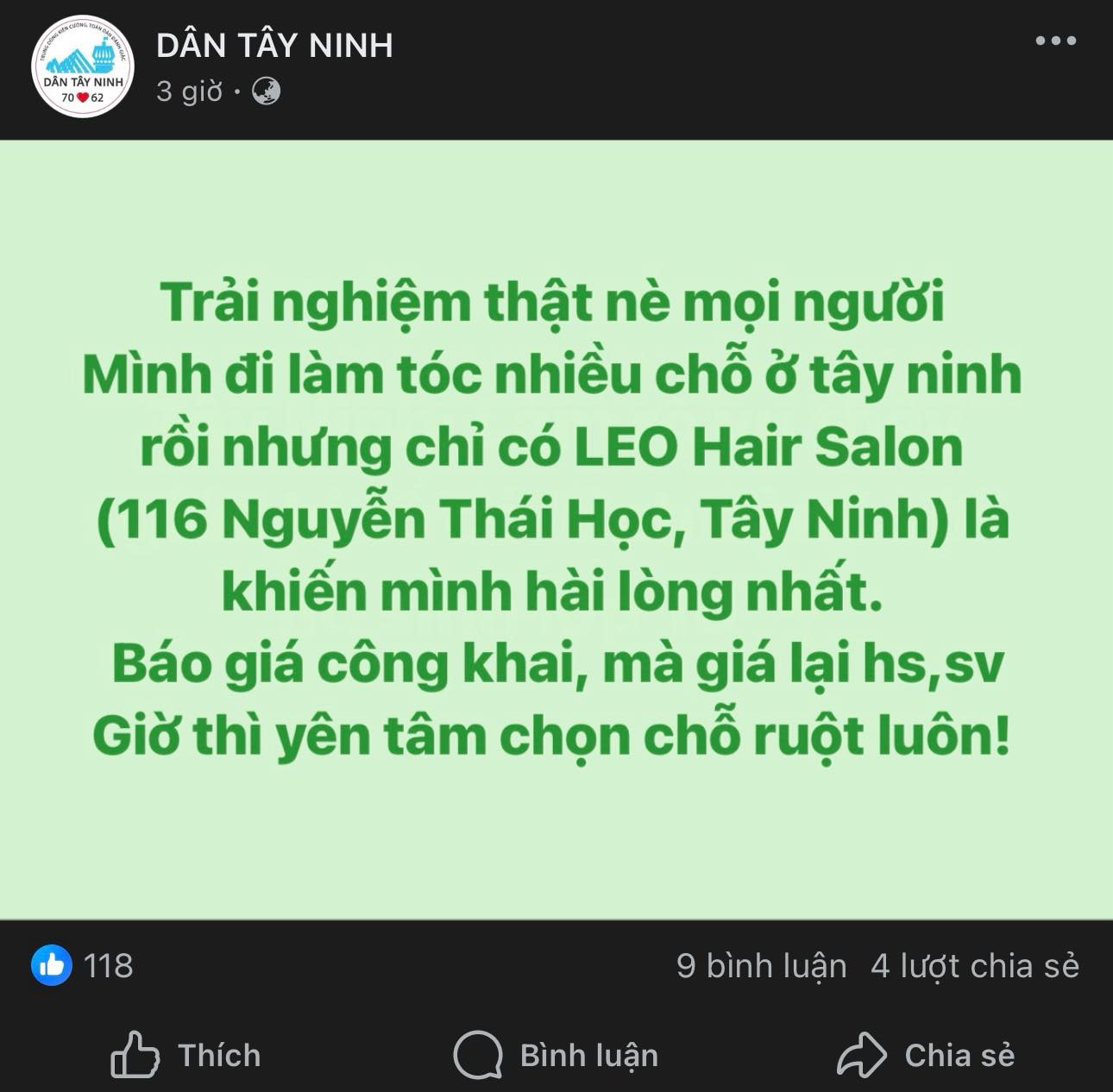 Leo Hair Salon - 116 Nguyễn Thái Học TP Tây Ninh Facebook ad: 99% khách hàng đến LEO HAIR SALON là…